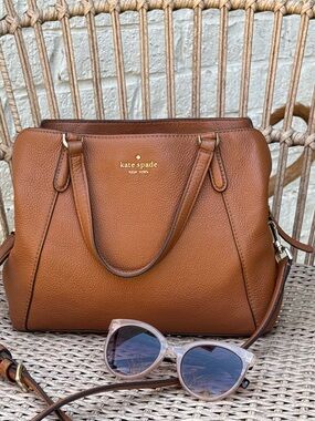 Kate Spade Jackson Medium Triple Compartment Satchel. Pebbled Cognac Leather.